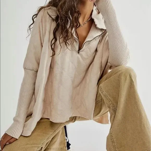 Free People Shiloh Quilted Sweatshirt Pullover Zip Swing Hi Lo Sand Tan - Picture 5 of 5